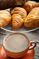 fresh coffee with french croissants. close up