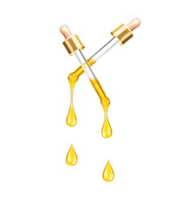 Stretched oily drops are falling from a gold cosmetic pipettes close-up on a white background.Transparent aqua oil or serum bubble.Shining yellow substance essence droplet. Beauty treatment nutrition