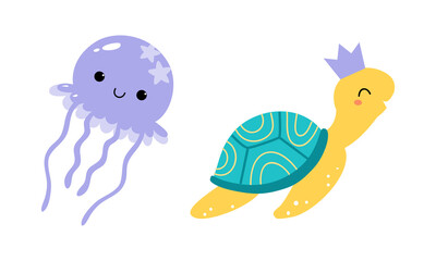 Turtle with Crown and Jellyfish as Sea Animal Floating Underwater Vector Illustration Set