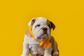 Funny English bulldog puppy on a yellow background. Pets. A purebred dog