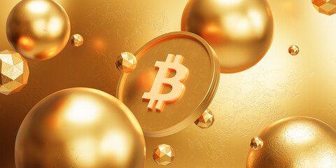 Bitcoin crypto currency coin with golden spheres, e-commerce investment concept, 3d render - obrazy, fototapety, plakaty