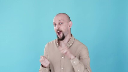 Success celebration. Party joy. Boomerang motion. Promotion enthusiasm. Excited energetic comic guy enjoying dancing gif loop isolated on blue empty space background.