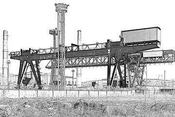Obraz premium Gantry crane and factory chimneys