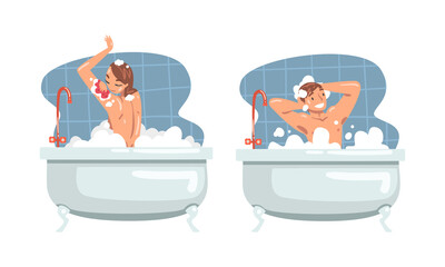 Young Male and Female Bathing in the Bathtub Washing Hair and Body with Shampoo Vector Illustration Set