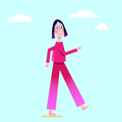 Step forward - cute slim girl in glasses with blue hair with crimson clothes in the sky in grainy texture