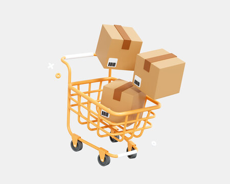 3D Shopping Cart And Floating Cardboard Boxes. Fast Delivery Concept From Online Store. Shipping Logistics Package Delivery. Cartoon Creative Design Icon Isolated On White Background. 3D Rendering