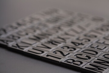 letterpress alphabet and numbers on black background