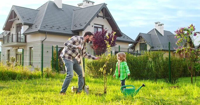 Caucasian father planting tree with cute small son in garden at village house. Little boy watering plant in orchange. Summerhouse work. Help from kid in garden. Outside.