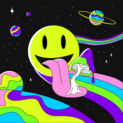 Smiley face with a mushroom on the tongue in space. Hand-drawn flat vector illustration, poster. The concept of hippies, hallucinations.