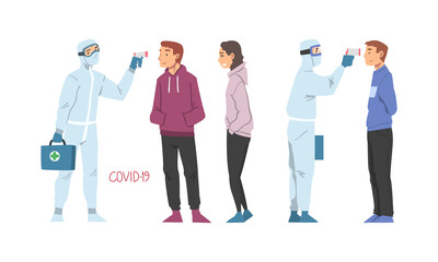 Doctor in Protective Suit Measuring Temperature of Male and Female with Infrared Thermometer Vector Set