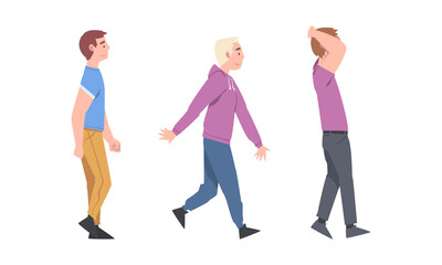 Walking Man Character Taking Steps Forward Side View Vector Illustration Set