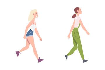 Walking Woman Character Taking Steps Forward Side View Vector Illustration Set