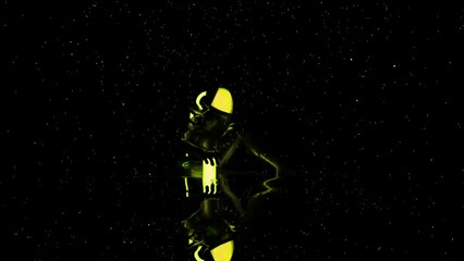 Black background with flying glowing white dust. Design. A bright yellow and blue silhouette sitting in animation and small white stars flying around it. - Powered by Adobe