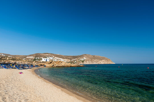 Panoramic view of the beach, Agrari Beach, Mykonos, Cyclades Islands, Greece