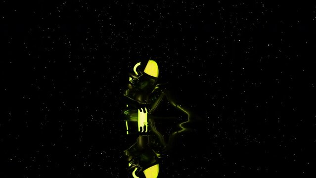 Black background with flying glowing white dust. Design. A bright yellow and blue silhouette sitting in animation and small white stars flying around it. - Powered by Adobe