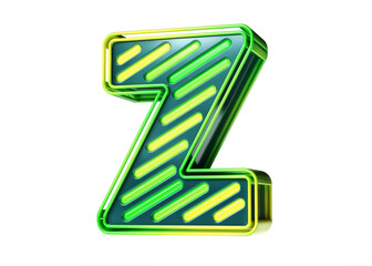 Flashy neon letter Z in green to yellow gradient on white background. Colorful lighting lettering. High quality 3D rendering.