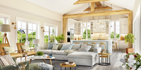 Luxurious interior design of living room and white kitchen in a large house. Open plan interior
