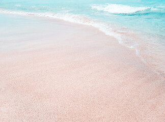 Background beach with sea wave. Texture sand. Gentle pastel colors. Vintage filter. Blue sky and azure coast, Es Trenc, Mallorca. Relax atmosphere.