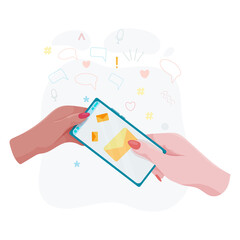 Hands hold a phone. Concepts of internet network communications. People chatting and chatting together on social networks. Woman holding a phone or tablet in her hand. Vector illustration.