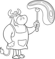 Outlined Bull Chef Cartoon Mascot Character Holding A Raw Steak On BBQ Fork. Vector Hand Drawn Illustration Isolated On White Background