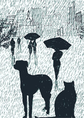 cat and dog under the rain vector illustration, wallpaper and background