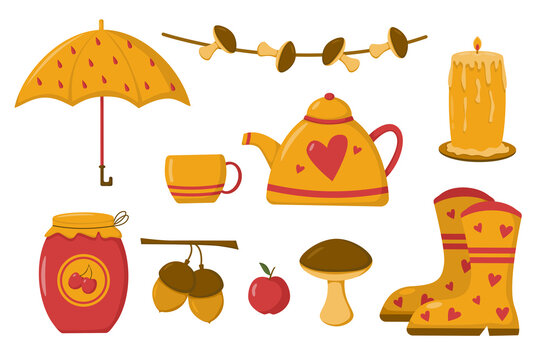 Autumn set with different attributes in yellow-red style in flat style, vector image.
