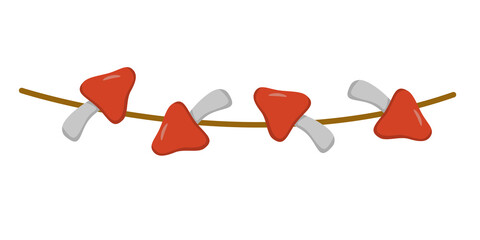 a set of mushrooms on a string in a flat style. Vector image.