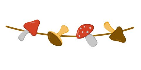 a set of mushrooms (red and brown) on a string in a flat style. Vector image.