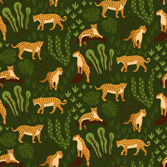 Jungle leopard gepard puma jaguar animal with jungle leaves monstera on green background © Lubica Bockova