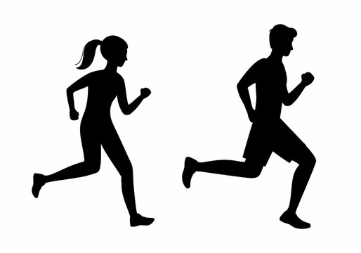 Black silhouette of running woman and man. Runners on sprint. Vector isolated 