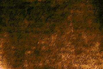 Brown sepia antique abstract retro unreadable ink written text.Dark wall old manuscript love...