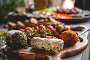 Wooden trays with delicious and colorful vegetarian/vegan catering with vegan gourmet cheese, strawberries, nuts, crackers, celery, cherry tomatoes, carrot, hummus, avocado, toasts and olive