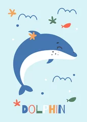 Badezimmer Foto Rückwand Nursery poster with cute dolphin. Vector printable childish card. Under the sea theme.  © DigARTbyHavroshka