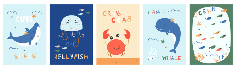 Set of kids posters with fish, shark, crab, whale, jellyfish. Under the sea - minimalistic vector nursery posters. Printable colorful collection.
