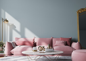 Wall mockup in modern living room design, pink sofa and white flower vase and gold home accessories on empty interior background, 3d render