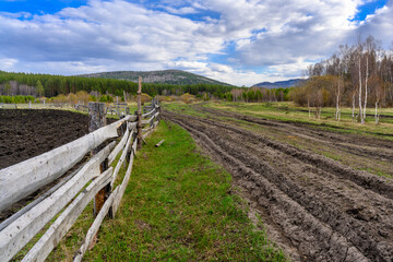 Fototapeta na wymiar South Ural farm, wooden fence and arable land with a unique landscape, vegetation and diversity of nature.