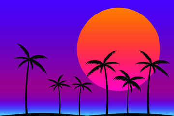 Fototapeta na wymiar Silhouette of gradient palm trees in 80s style on a black background. Tropical palms isolated. Summer time. Design for posters, banners and promotional items. vector illustration 