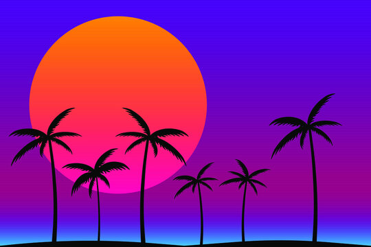 Silhouette of gradient palm trees in 80s style on a black background. Tropical palms isolated. Summer time. Design for posters, banners and promotional items. vector illustration
