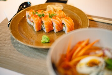 Japanese sushi traditional japanese food.Roll made of salmon philadelfia.