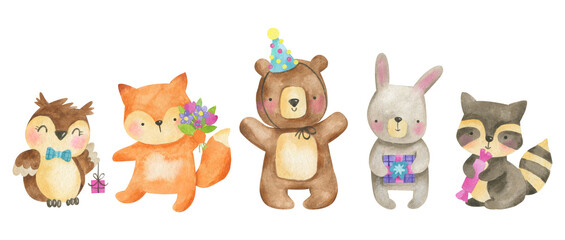 Obraz premium Watercolor set of forest animals - bear, racoon, owl, rabbit,fox with decorative elements. Cute wild animals in cartoon style. Birthday watercolor illustration for greeting cards, invitations.