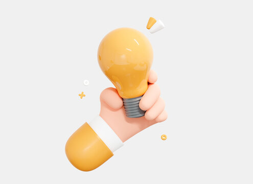 3D Hand holding Light Bulb. Employee with genius business idea. Plan strategy and solution concept. Success in work. Cartoon creative design icon isolated on white background. 3D Rendering