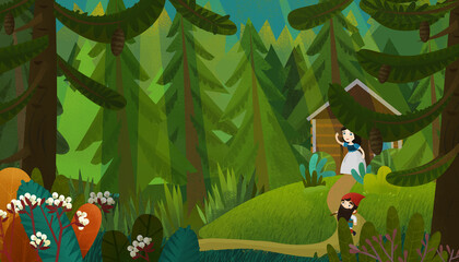 cartoon scene with young princess and dwarf illustration