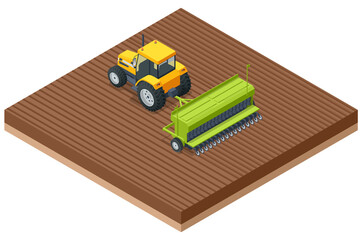 Obraz premium Isometric Agricultural Cultivator. A cultivator is a piece of agricultural equipment used for secondary tillage. Tractor preparing land with seedbed cultivator