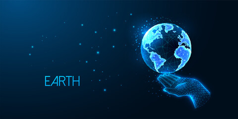 Concept of Sustainable development, eco friendly with hand and planet Earth globe on blue background