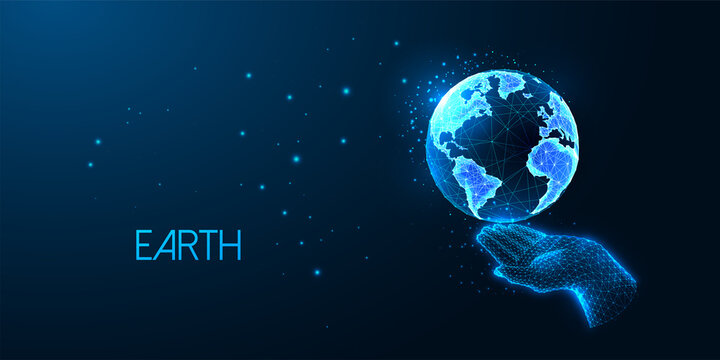 Concept Of Sustainable Development, Eco Friendly With Hand And Planet Earth Globe On Blue Background