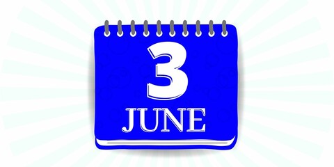 3 june, calendar with the day three of the month of june in blue color and background white