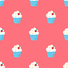 Vector pattern with cream cakes, cupcakes in cartoon style on a pink background. Pattern with sweets, delicious food for fabrics, packaging, design, fabrics.