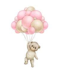 Teddy bear with pink balloons..Watercolor hand painted illustrations for baby girl shower isolated on white background ... - 512199388
