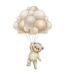 Teddy bear with neutral brown balloons..Watercolor hand painted illustrations for baby  shower isolated on white background ... - 512199389