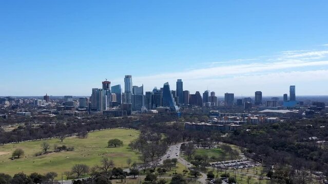 Austin Texas Skyline Aerial Hyperlapse Over Zilker park with paralax effect, Aerial timelapse